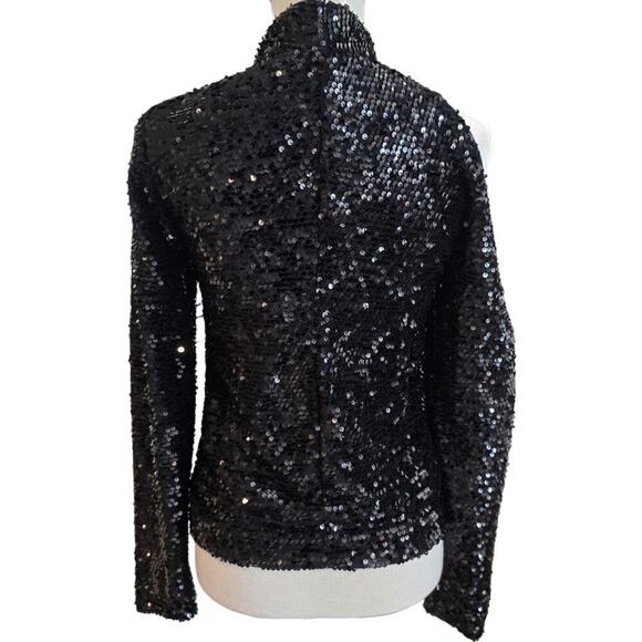 Black Long Sleeve Sequin Asymmetrical Ribbon Top Sz Small - Picture 2 of 7